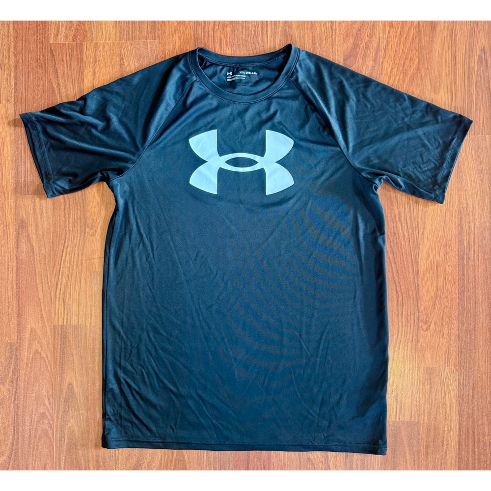 Under Armour Boys Youth XL Black Big Logo Tech Tee HeatGear Shirt Loose Fit